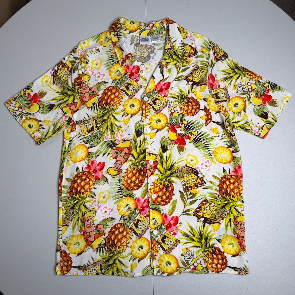 SpongeBob SquarePants Mens Large Rayon Hawaiian Shirt Tropical Pineapple Patrick